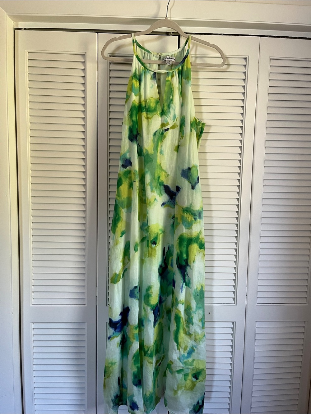 Tommy Bahama Flowy Green and Blue Watercolor Maxi Jumper Dress